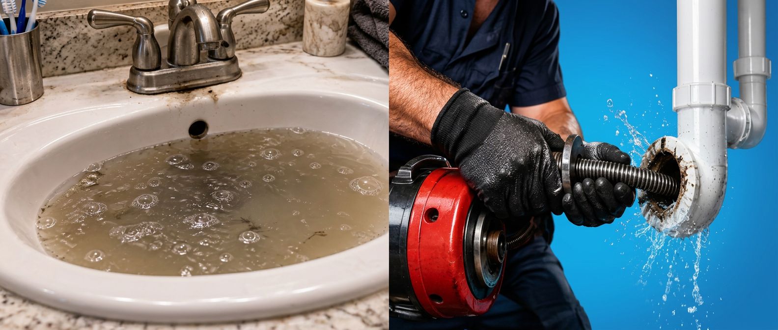 Illustration of a blocked sink and gloved hands using a drain snake