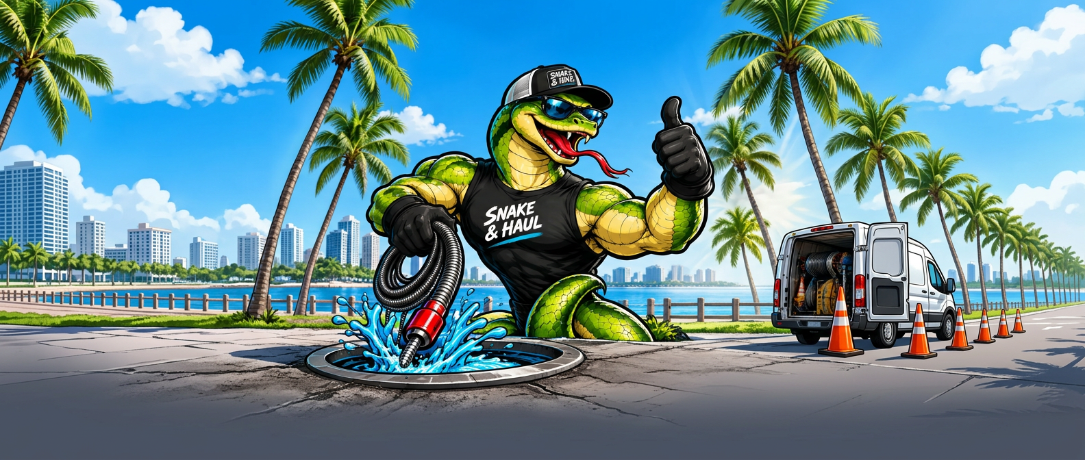Snake mascot with drain-clearing equipment