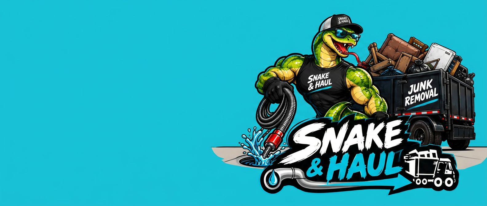 Snake & Haul mascot, drain cable and junk hauling truck
